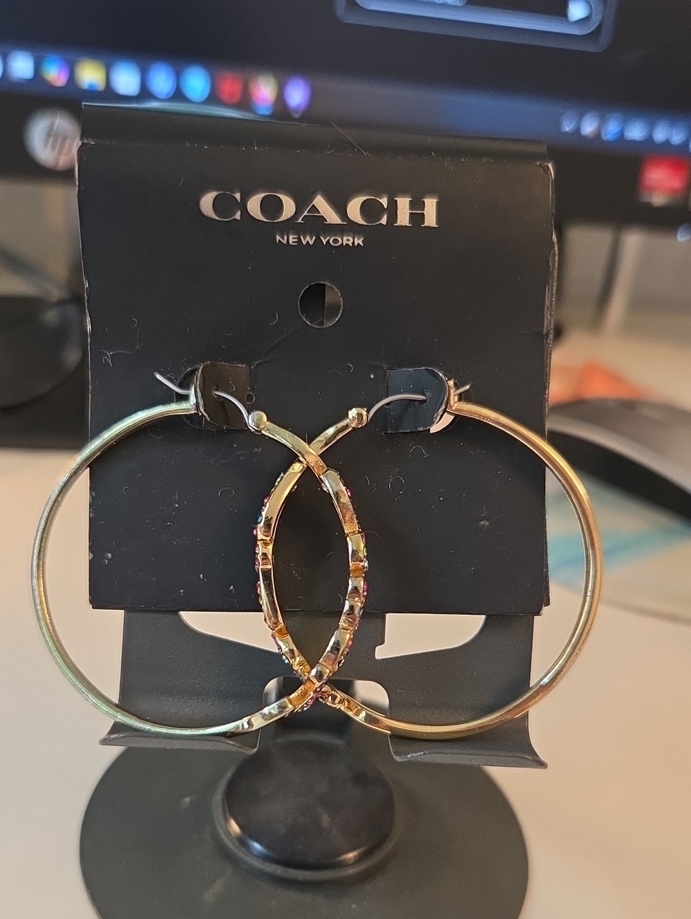 Coach Gold Hoop Earrings with Multicolor Stone Details